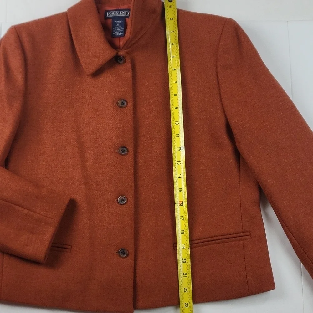 Lands End 100% Wool Tweed Burnt Orange Button Front Jacket Blazer